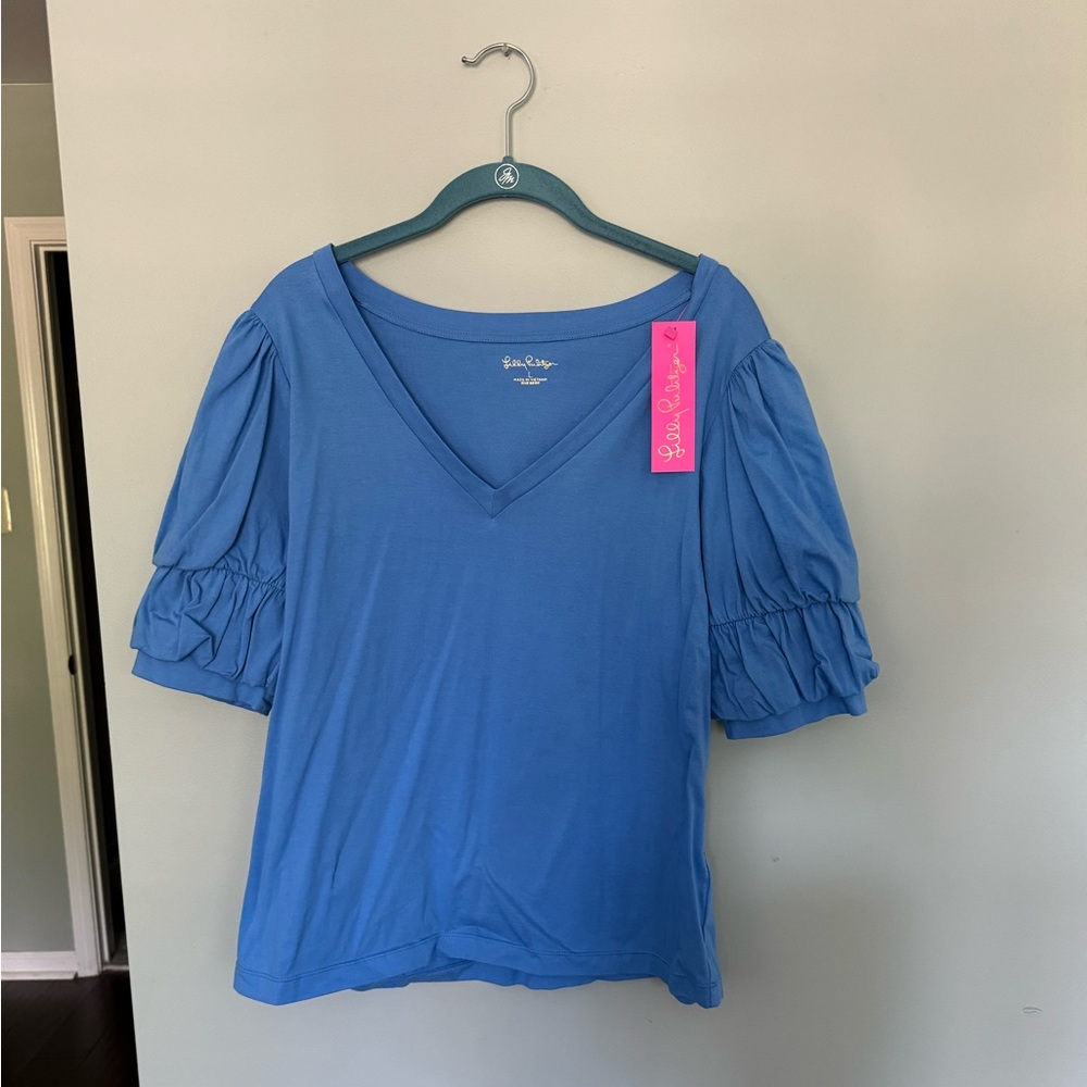 LILLY PULITZER bubble sleeve blue top blouse sz L